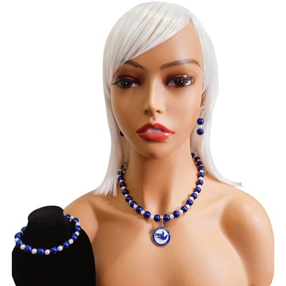 Zeta Phi Beta Jewelry Set Blue and white Necklace, Bracelet and Earrings - Picture 3 of 6